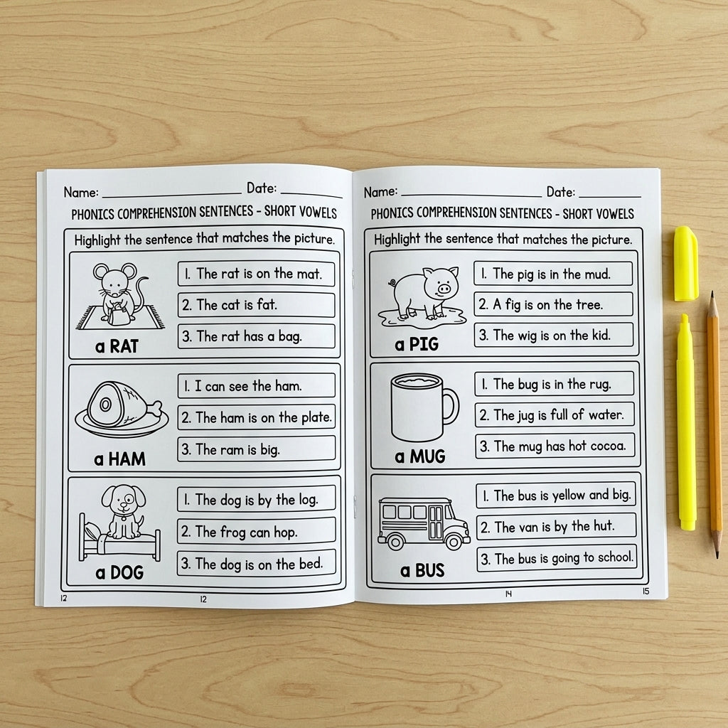 Phonics Comprehension Sentences Short Vowels