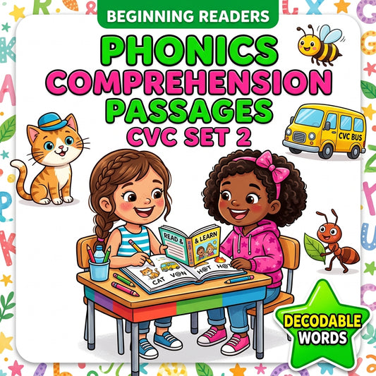 30 Phonics Reading Comprehension Passages | Learn & Clip CVC Decodable Stories Worksheets